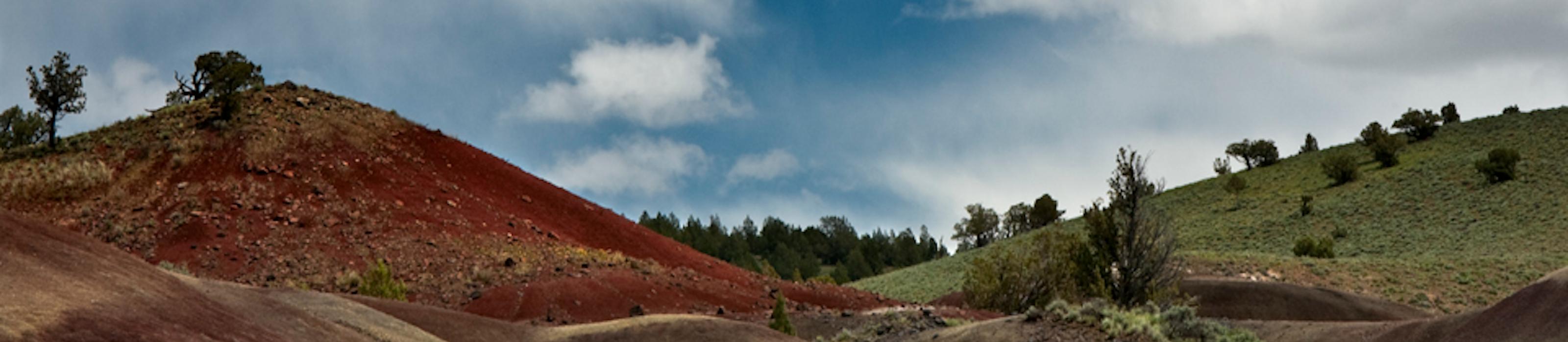 The hilly landscape of Juniper Hills Preserve under a bright blue sky. © Rick McEwan