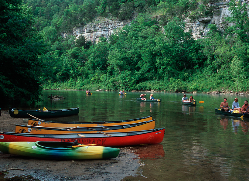 Canoeists on Buffalo National River at Hasty River Access in Arkansas. &copy; Harold E. Malde