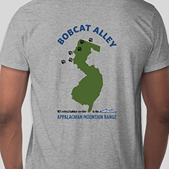 Image showing back of Bobcat Alley t-shirt with words that read, NJ's critical habitat corridor in the Appalachian Mountain Range.