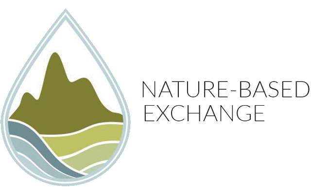 The Nature-Based Exchange logo features illustrations of mountains and rivers in a water drop, reflecting the theme of the training in how to use local policy to implement nature-based solutions. @TNC