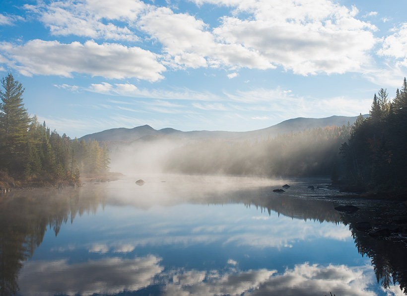 View of Boreas Pond, New York, during a foggy fall morning in the Adirondacks. &copy; Blake Gordon