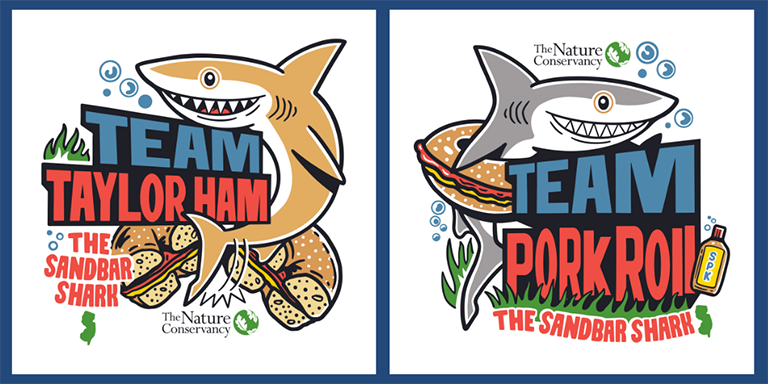 Graphic containing depictions of two sandbar sharks, with the one on the left accompanied by text that says Team Taylor Ham and the one on the right accompanied by text that says Team Pork Roll.