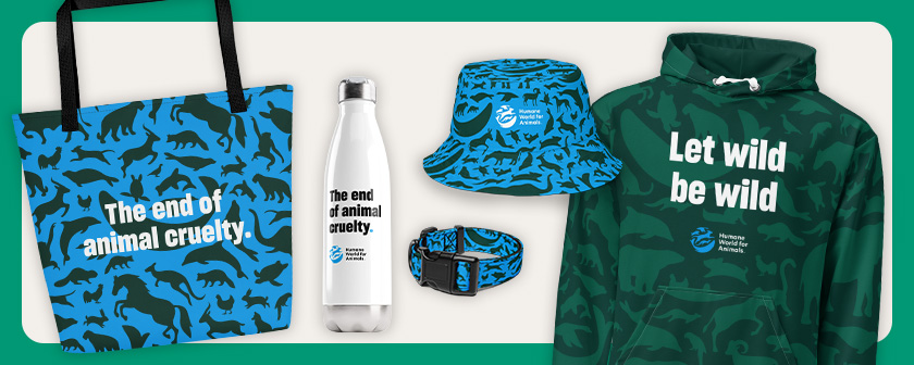 Several merch products from the Humane World for Animals shop