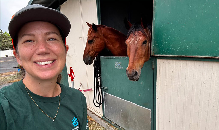 Humane World for Animals staff member smiling next to two horses looking out from their stalls.