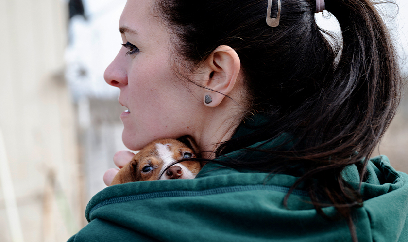 A member of the Humane World for Animals animal rescue team holds a small puppy closely.