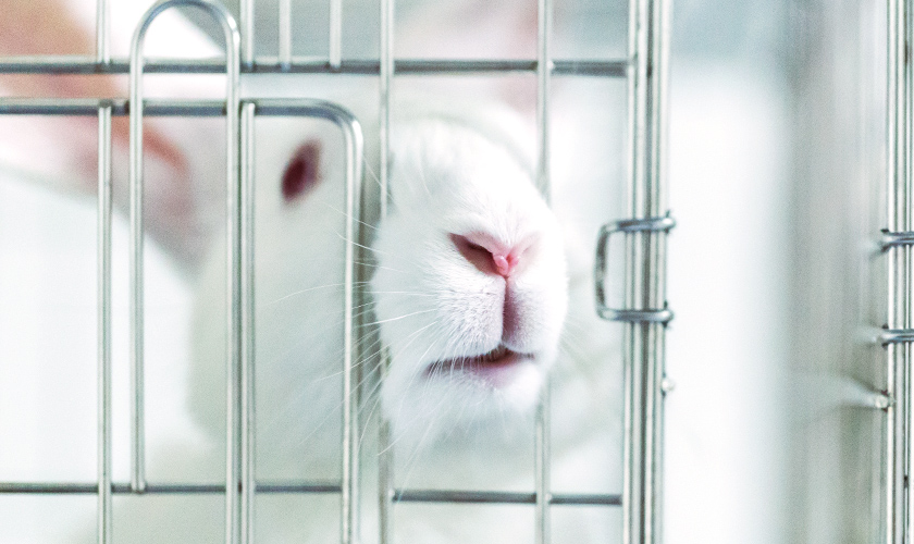 close up of a white rabbit in a cage