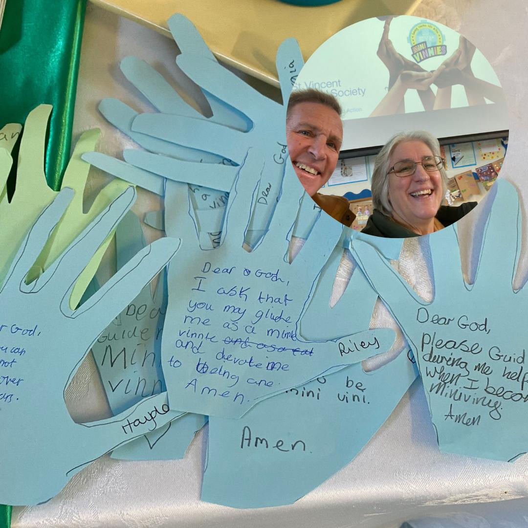 This is an image of the Mini Vinnie handprints and Kath and Warren.
