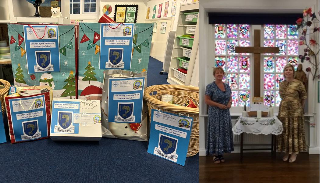 This is an image of the stained glass window the children designed and their Vincentian Coordinators. There is also an image of the toy collection.