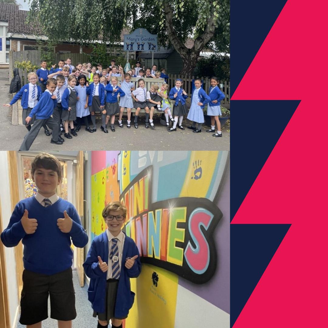 There are two photos, one of a group of Mini Vinnies from Our Lady and St Kenelm Catholic Primary School, Halesowen and the other of two Mini Vinnie Presidents at the same school.