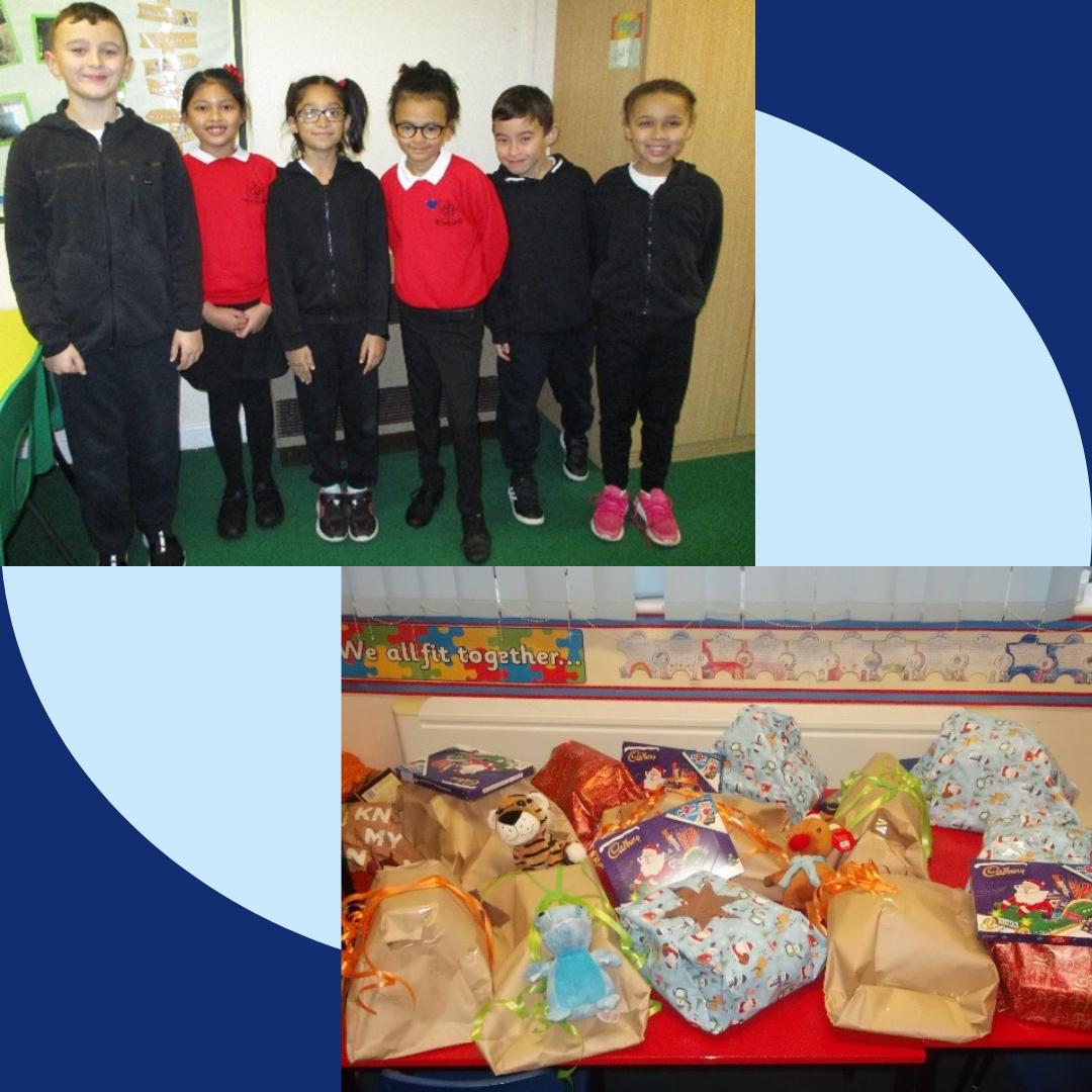 This is a photo of the Mini Vinnies and their Christmas Hampers at St Thomas Aquinas Catholic Primary School, Milton Keynes.