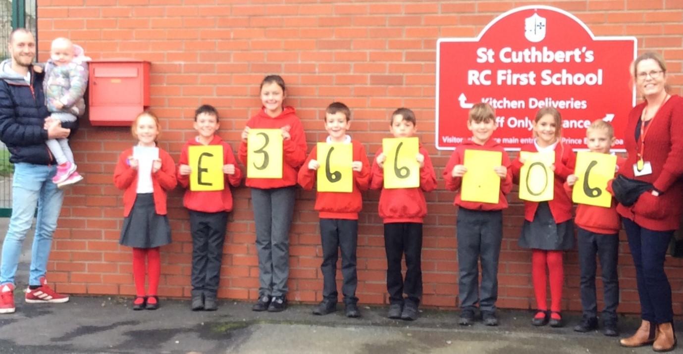 This is a photo of the Mini Vinnies at St Cuthbert's RC First School in Berwick-upon-Tweed who have been raising funds for the Children's Eye Cancer Trust. They children are each holding a card with a number on which  shows the overall amount they raised- £336.06