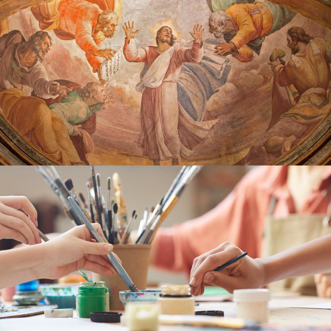 This is an image of the transfiguration and some children painting