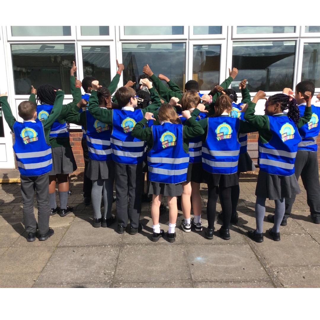 This is the back of the children's hi vis jacket's with the Mini Vinnie logo on.