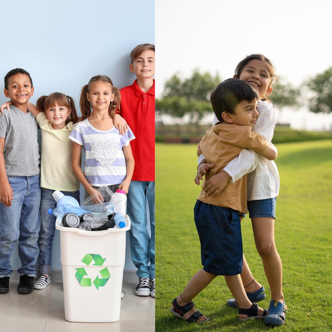 This is an image of children recycling and two children hugging.