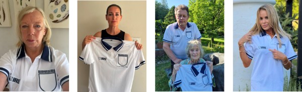 Four photos side by side of celebrities wearing mock-up England football shirts with the three lions removed from the badge. L-R: Deborah Meaden, Kirsty Gallacher, Will Travers and Dame Virginia McKenna and Amanda Holden.