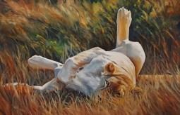 A painting of a lioness rolling in long grass