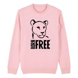 A photo of a pale pink sweatshirt with the born free logo