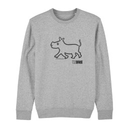 A pale grey sweatshirt featuring an illustration of a baby rhino