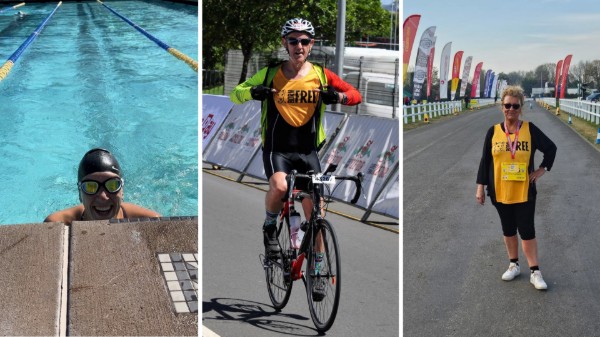Three photos side-by-side: Left is a woman smiling in a swimming pool, centre is a man rising a bike, wearing a Born Free unning vest, right is a woman standing at the start of a walking event, wearing a Born Free running vest, with flags flying in the background.