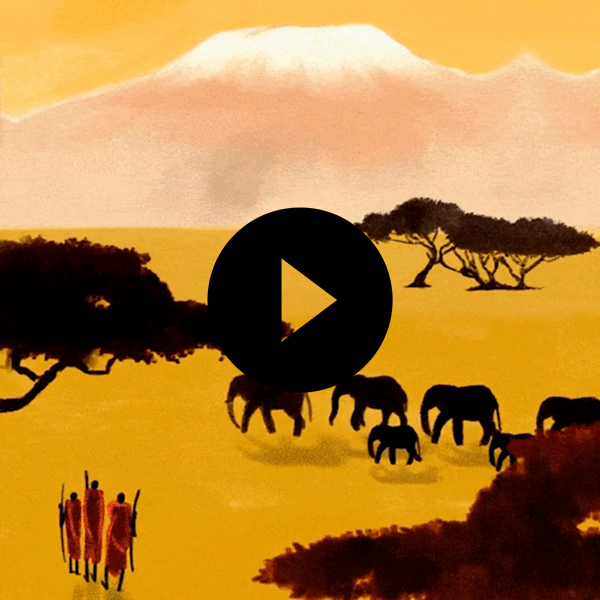 Illustrated image of elephants and Maasai people with a mountain in the background, and black 'play' button overlaid