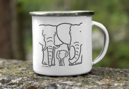 An enamel mug with an elephant design