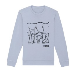 A pale blue sweatshirt featuring an illustration of a group of elephants