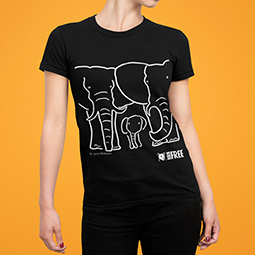 Close up of a woman wearing a black t-shirt with white elephant graphic