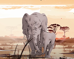 Image of an animated adult elephant walking alongside a baby elephant