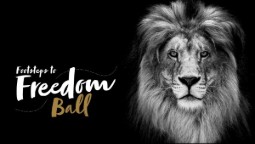 A Black and white photo of a lion's head with the 'Footsteps to Freedom Ball' logo on the left hand side.
