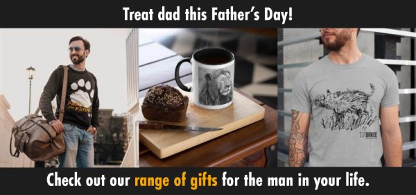 A montage of images from the Born Free Father's Day range, including a sweatshirt, a mug and a T-shirt. Test says: Treat dad this Father's Day! Check out our range of gifts for the man in your life.