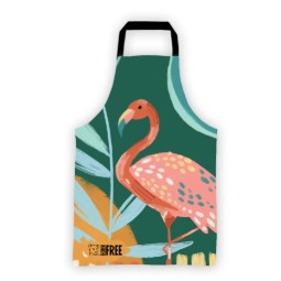 A green apron featuring a large flamingo illustration.