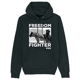 A black hoodie with a black and white photo and the words 'Freedom Fighter'