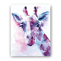 A brightly coloured purple and blue print of a giraffe's head