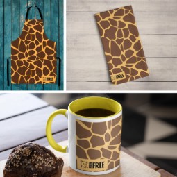 A photo montage of items featuring giraffe print - an apron, a tea towel and a ceramic mug.