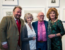 A photo of James Lewis, Dame Virginia McKenna, Gary Hodges and Rula Lenska standing together at an art gallery displaying Gary's drawings.