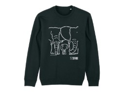 Photograph of a black sweatshirt featuring a white line drawing of three elephants, two large adults and one small baby, centred on the front. The design includes a small Born Free logo in the lower right corner, emphasizing wildlife conservation.