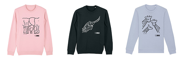 Three sweatshirts in pink, black and blue, with Jane Bristowe animal designs on them