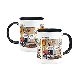 Two white mugs with a comic strip style image on them