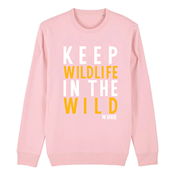 Pink sweatshirt with 'Keep Wildlife In The Wild' text