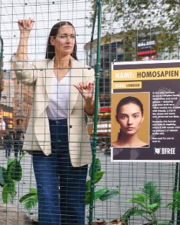 A photo of Kirsty Gallacher taking part in an anti-captivity stunt, standing inside a mesh cage.