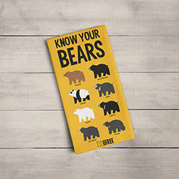 A yellow tea towel with images of 8 bears on it
