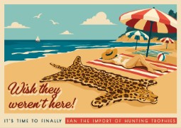 A vintage-style postcard illustrating a leopard skin rug on a beach towel under a striped umbrella, with a hat and beach ball nearby. Text reads 