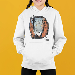 Close up of a white hoodie with a lion graphic on it
