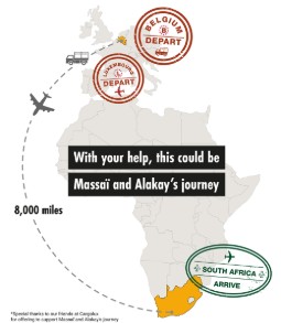 Travel infographic map traces an 8,000-mile airplane journey from Belgium to South Africa. Red Belgium departure stamps, green South Africa arrival stamp, pale Africa map, orange destination highlight, and message “With your help, this could be Massai and Alaky’s journey” convey a fundraising purpose.