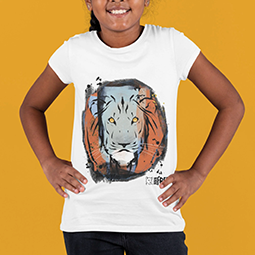 Close up of a white T-shirt with a lion graphic on it