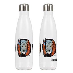 Two white water bottles with metal lids and a lion design