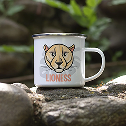 An enamel mug with a graphic of a lioness' head on it