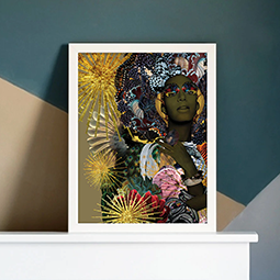 A brightly coloured art print on a table