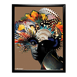 A graphic art print of a woman with colourful headdress