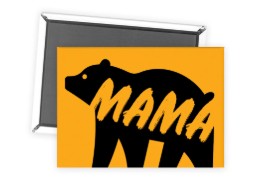 A photo of a mustard yellow fridge magnet with a silhouette illustration of a bear - the word MAMA is pinted onto the bear.